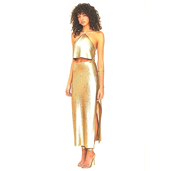 suboo Dresses & Skirts - Suboo Pyra High Split Maxi Skirt Gold Sequins Bodycon Back Zip Lined Sz MED NWOT